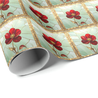 Buntglas-Rot-Blumen-Geschenkpapier Geschenkpapier