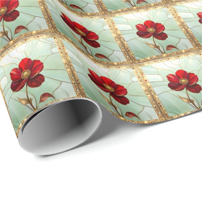 Buntglas-Rot-Blumen-Geschenkpapier Geschenkpapier (Rolleneckpunkt)