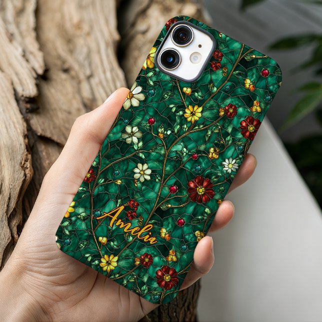 Buntglas rot türkisfarbene Blumen Case-Mate iPhone Hülle (Von Creator hochgeladen)