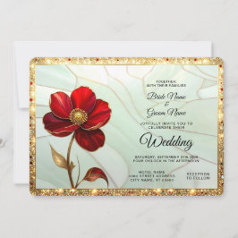 Buntglas-Rote Blume mit goldenen Akzenten Hochzeit Einladung