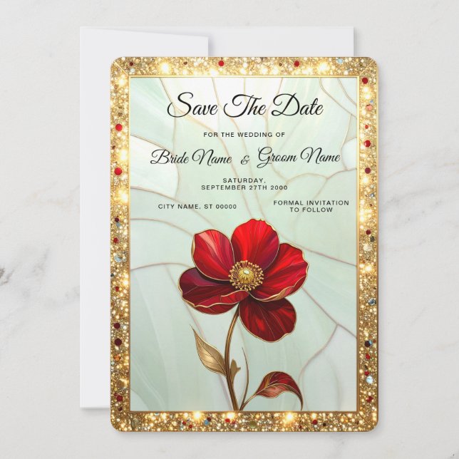 Buntglas-Rote-Blume-Save-the-Date Save The Date (Vorderseite)