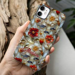 Buntglas rote Blumen iPhone 16 Hülle