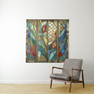 Buntglas Rote Mohnblumen Hauptmann bei Sonnenaufga Wandteppich