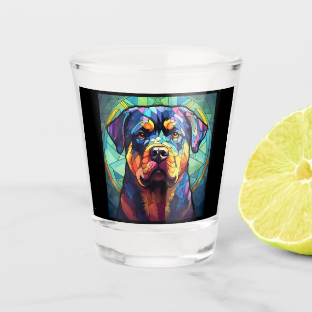 Buntglas Rottweiler  Schnapsglas (Vorderseite)