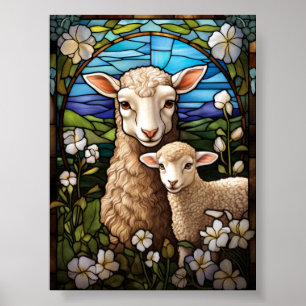 Buntglas-Schaf und Lamm auf einer Weide im Fenster Poster