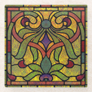 Buntglas-Scrolldesign in Gold und Rot Glasuntersetzer