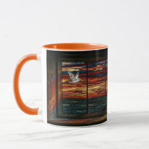 Buntglas-Sonnenuntergang mit Pelikan und Segelboot Tasse