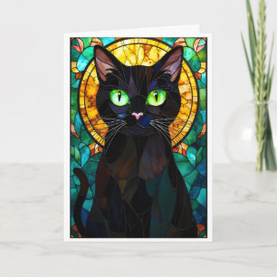 Buntglas-Stil Charmante schwarze Katze Grüne Augen Karte