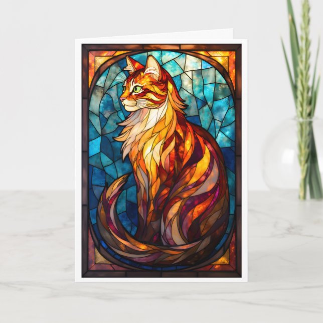 Buntglas-Stil Fluffige Orange Katze  Karte (Vorderseite)