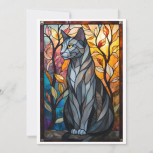 Buntglas-Stil Graue Katze mit Blättern Karte