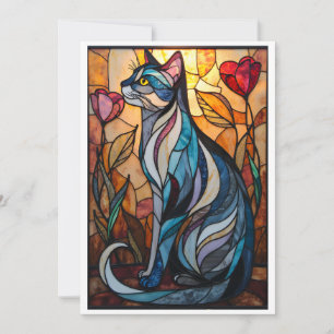 Buntglas-Stil Graue Katze mit Blumen Karte