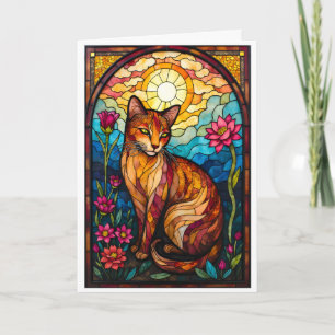 Buntglas-Stil Orange Kitty mit rosa Blumen Karte