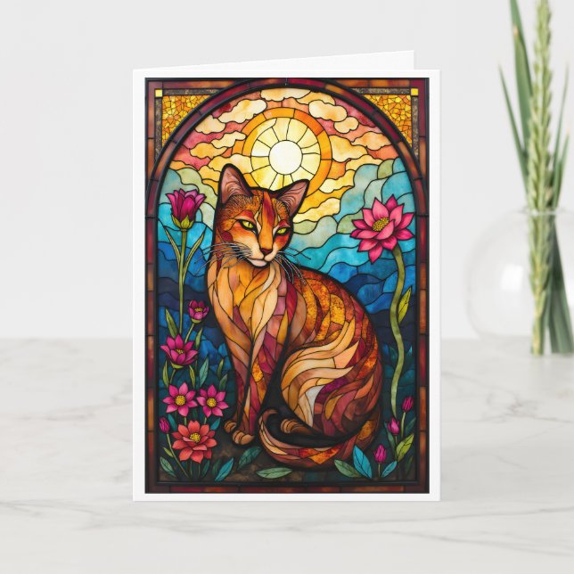 Buntglas-Stil Orange Kitty mit rosa Blumen Karte (Vorderseite)