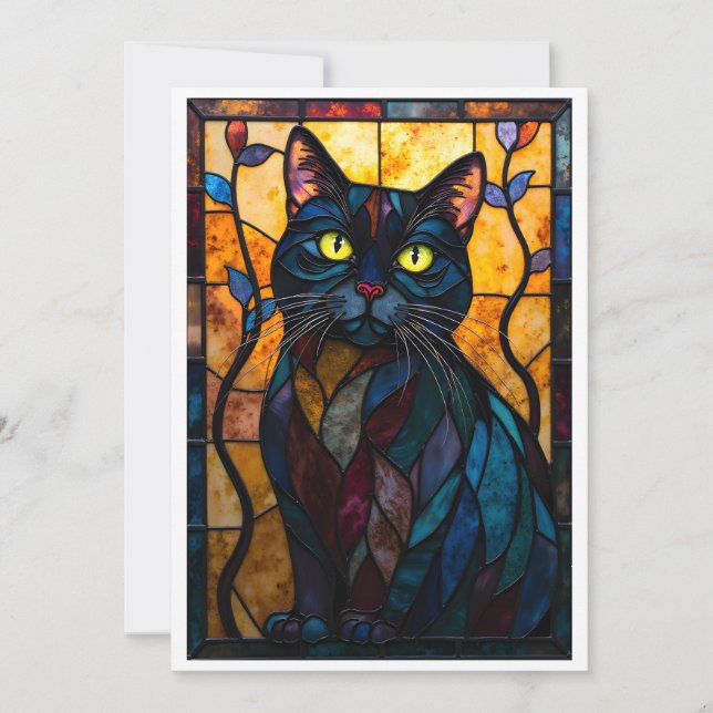 Buntglas-Stil schwarze Katze mit Blättern flach Karte (Vorderseite)
