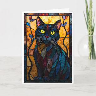 Buntglas-Stil schwarze Katze mit Blättern Karte