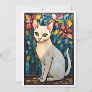 Buntglas-Stil Weiße Katze mit Blumen flach Karte