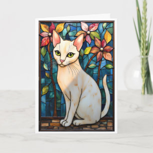 Buntglas-Stil Weiße Katze mit Blumen Karte
