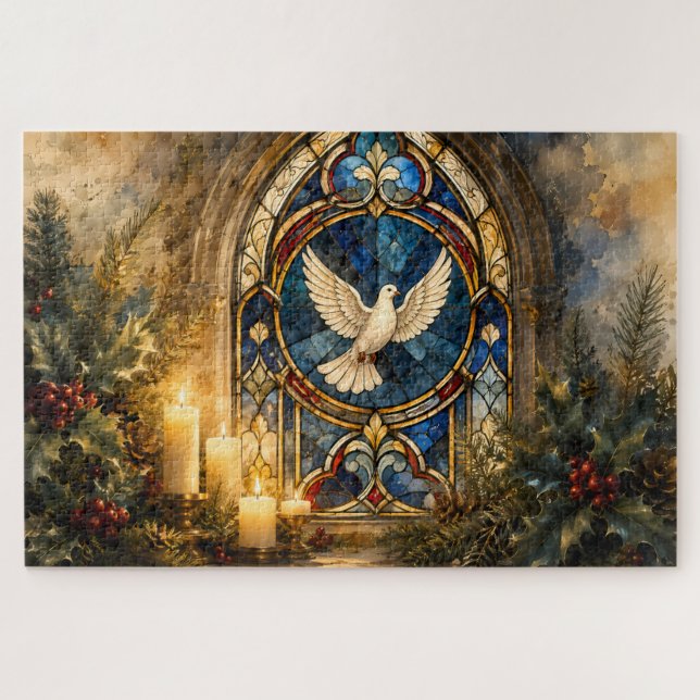 Buntglas-Tauben-Weihnachtsfenster Puzzle (Horizontal)