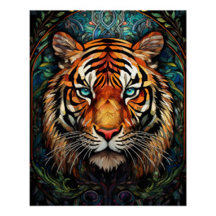 Buntglas-Tiger Blaue Augen Kunst Poster