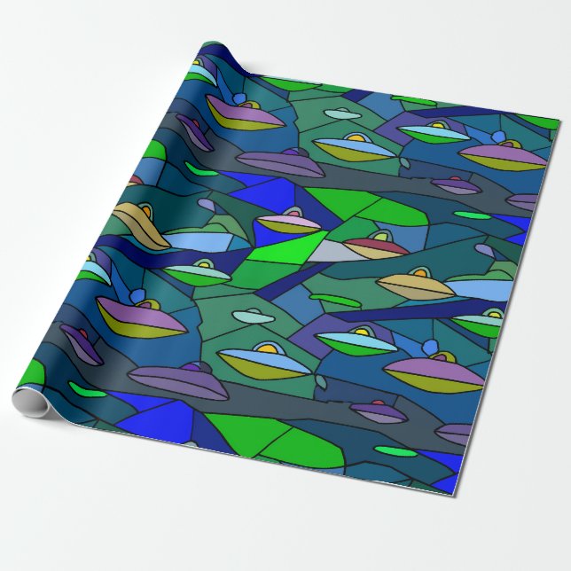 Buntglas-UFO-Alien-Muster-Wrap-Papier Geschenkpapier (Ungerollt)