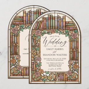 Buntglas Vintage-Bücher Floraler Bogen Hochzeit Einladung
