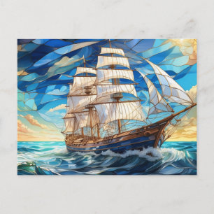 Buntglas-Vintage-Segelschiff im Ozean Postkarte
