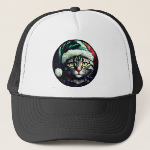Buntglas-Weihnachten Graue Tabbykatze mit grüner M Truckerkappe