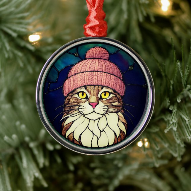 Buntglas-Weihnachts-Tabby-Katze mit rosa Kappe Ornament Aus Metall (Baum)