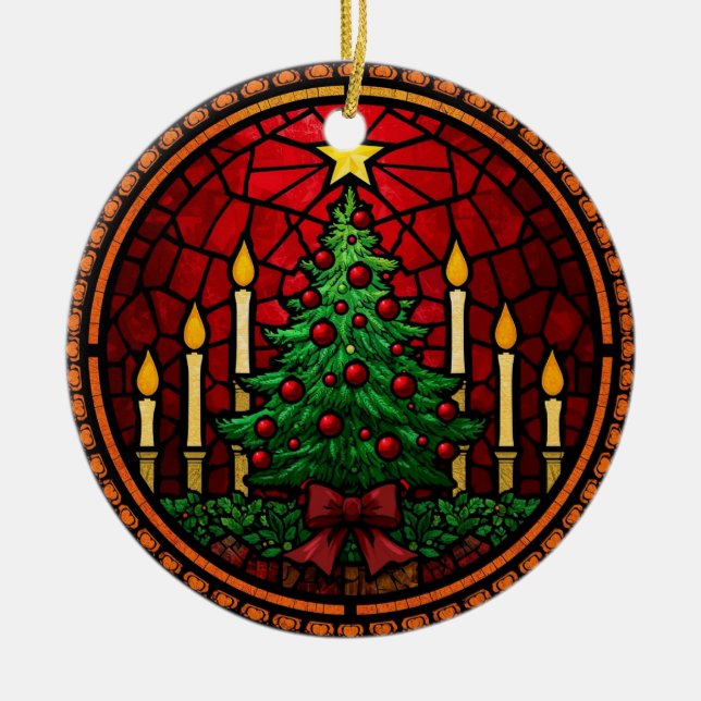 Buntglas-Weihnachtsbaum & Kerzen Keramik Ornament (Vorne)