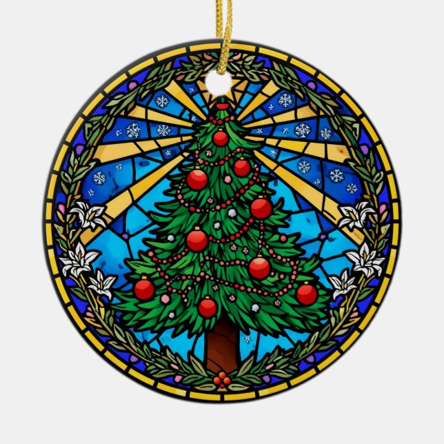Buntglas-Weihnachtsbaum-Kranz Keramik Ornament (Vorne)