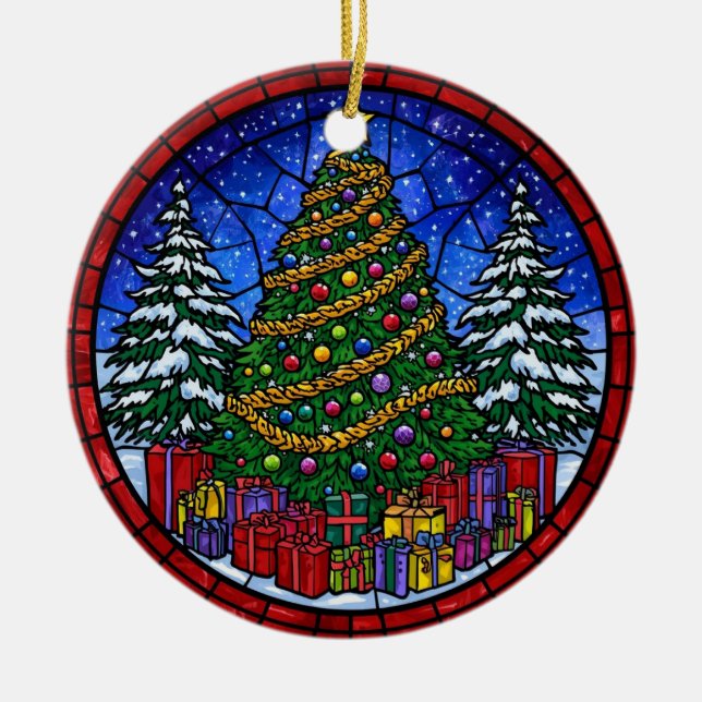 Buntglas-Weihnachtsbaum mit Geschenken Keramik Ornament (Vorne)