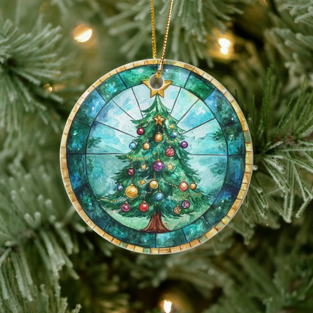 Buntglas-Weihnachtsbaum & Stern Feiertage Keramik Ornament (Baum)