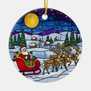 Buntglas-Weihnachtsmann & Rentierschlittenfahrt Keramik Ornament