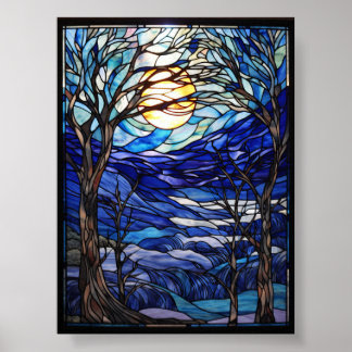 Buntglas-Winterlandschaft mit Vollmond Poster