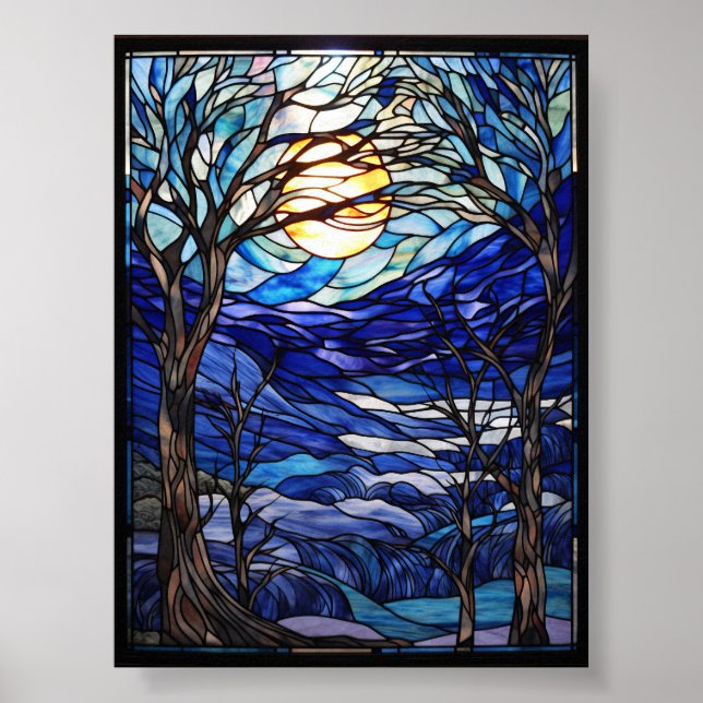 Buntglas-Winterlandschaft mit Vollmond Poster (Vorne)