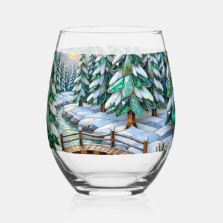Buntglas-Winterlandschaft Smaragd-Kiefer-Brücke Weinglas Ohne Stiel