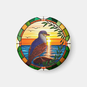 Buntglasdesign mit Vogel auf Felsen Magnet