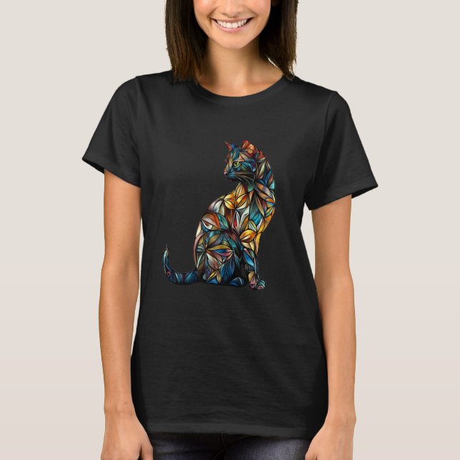 Buntglasfenster-Katzenkunst T-Shirt (Vorderseite)