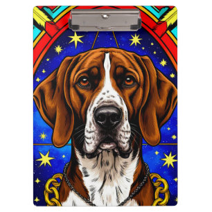 Buntglasporträt eines Hundes mit Goldkette Klemmbrett