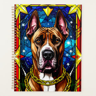 Buntglasporträt eines Hundes mit Goldkette Planer