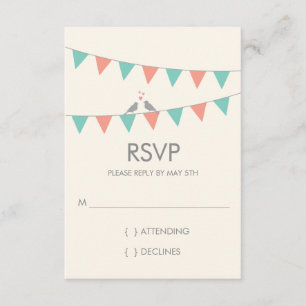 Bunting Love Birds Wedding RSVP - Blue Pink Karte
