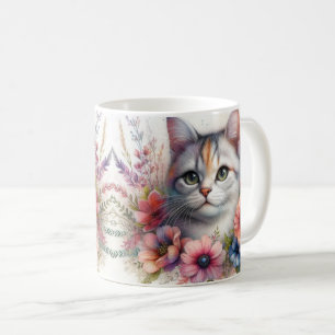 Buntkatzenporträt mit Blumen Kaffeetasse
