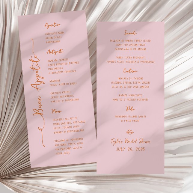 Buon Appetito Handwritten Pink Italian Menu Menükarte (pink and orange "Buon Appetito" Italian bridal shower menu)