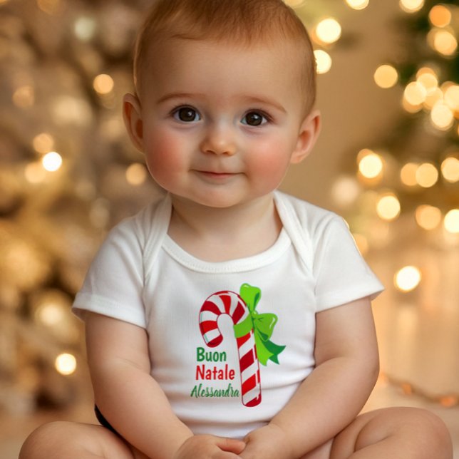 Buon Natale Candy Cane - Italian Merry Christmas Baby Strampler (White baby bodysuit with candy cane tied in green bow, festive Italian Merry Christmas design for in)