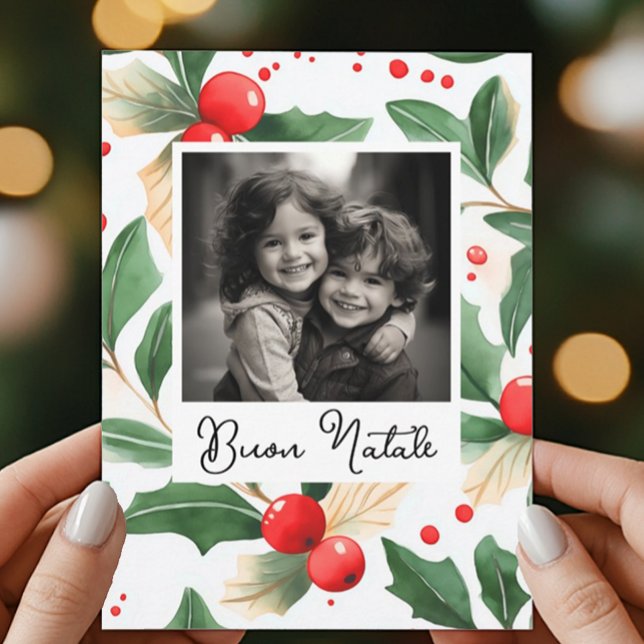 Buon Natale Christmas Card Festivals Holly Art Einladung (Buon Natale Italian Christmas Postcard with space for two custom pictures. Holly & berries art.)