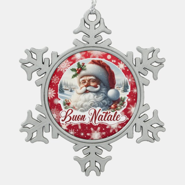 Buon Natale con Babbo Natale Schneeflocken Zinn-Ornament (Vorderseite)