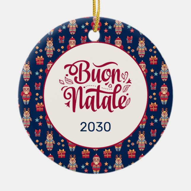 Buon Natale Folk Santa Reindeer Blue Custom Keramik Ornament (Vorne)