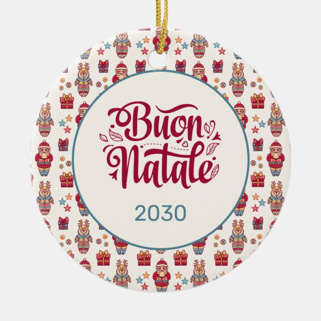 Buon Natale Folk Santa Reindeer Creme Custom Keramik Ornament (Vorne)
