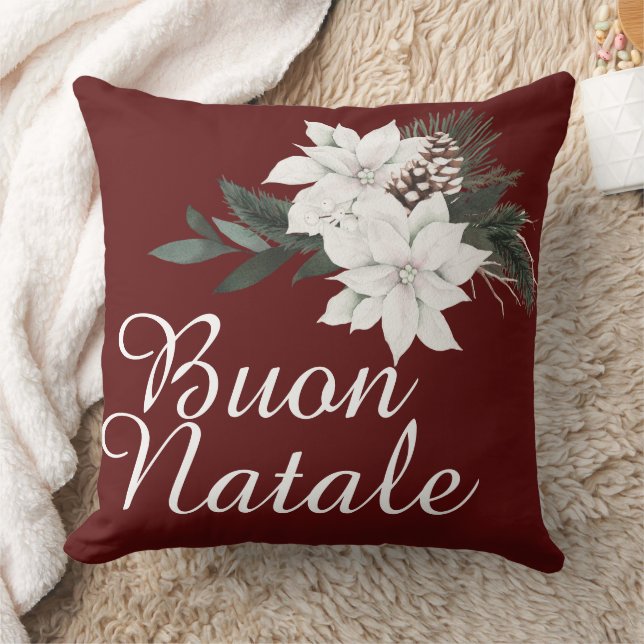 Buon Natale Italian Christmas Floral on Dark Red Kissen (Decke)