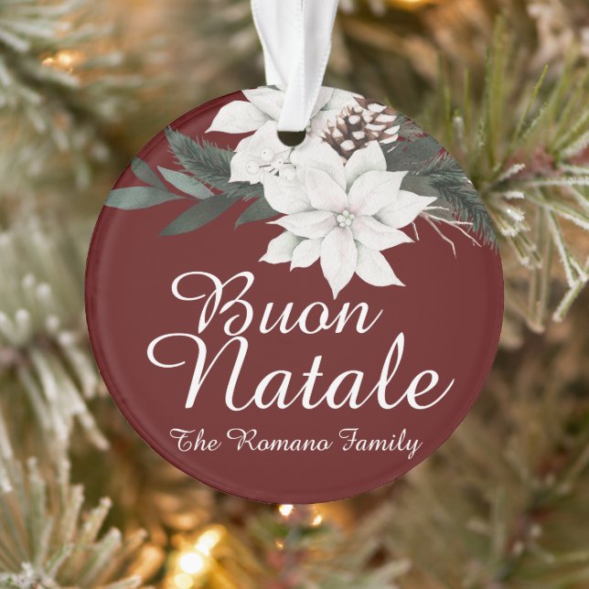 Buon Natale Italian Christmas Floral on Dark Red Ornament (Baum)